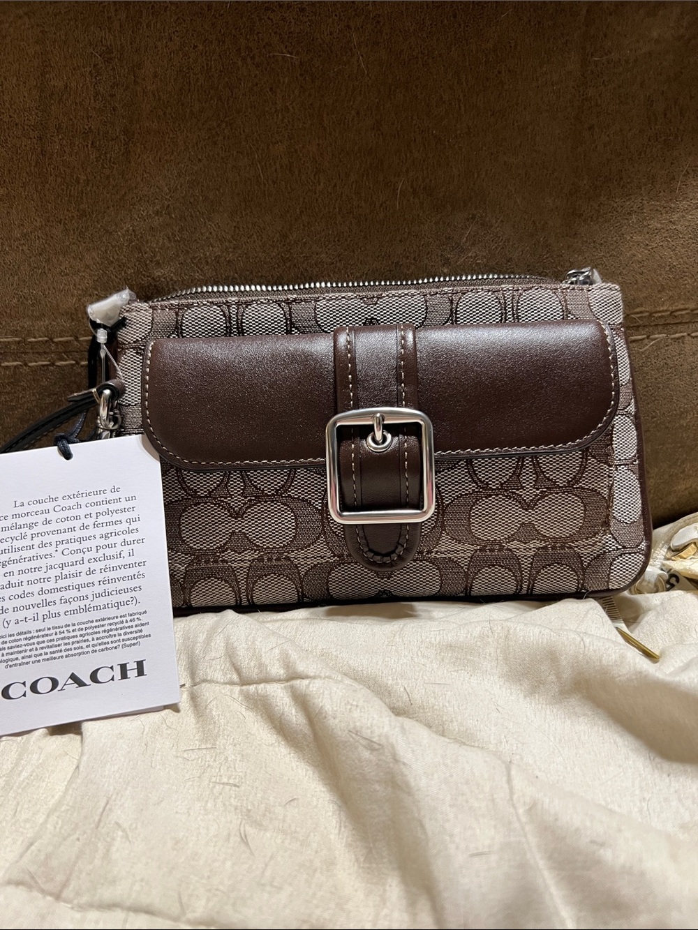 NWT Coach Signature Canvas Wristlet in Brown with Dark Brown Leather Buckle